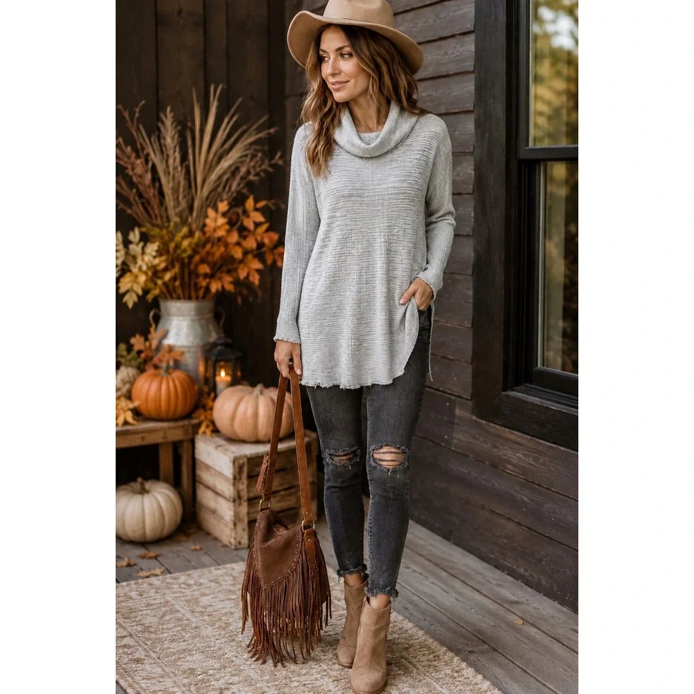Free People We The Free Medium Gray Lover Rib Cowl Neck Split Back Boho Tunic